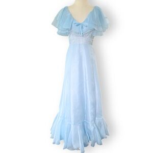 1970s Baby Blue Cottagecore Prairie Formal Dress w/ Ruffles Bow and Rosette